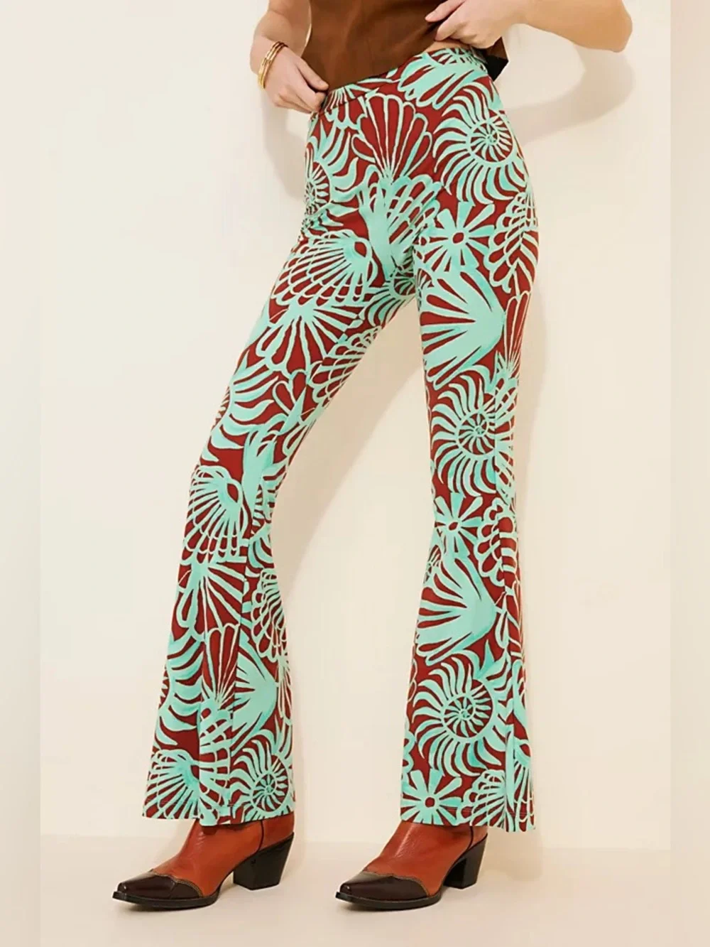 Free People wildflower pull-on Flare leg pants Cowboy Combo Brown Aqua